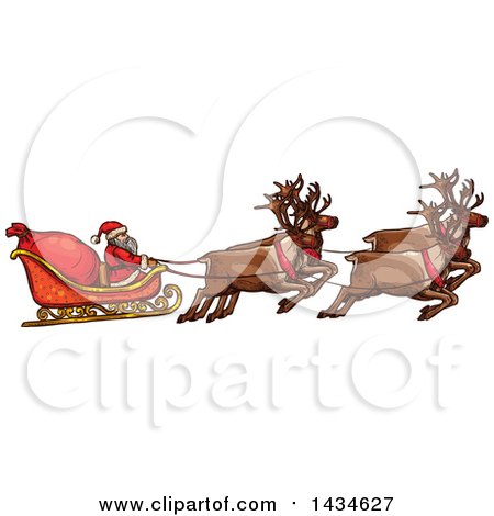 Clipart of a Sketched Team of Reindeer Flying Santas Sleigh - Royalty Free Vector Illustration by Vector Tradition SM
