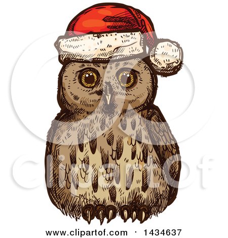 Clipart of a Sketched Christmas Owl Wearing a Santa Hat - Royalty Free Vector Illustration by Vector Tradition SM