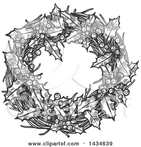 Clipart of a Sketched Dark Gray Christmas Wreath with Holly and Berries - Royalty Free Vector Illustration by Vector Tradition SM