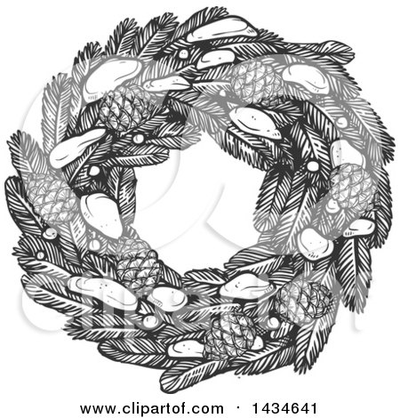 Clipart of a Sketched Dark Gray Christmas Wreath with Pinecones and Snow - Royalty Free Vector Illustration by Vector Tradition SM