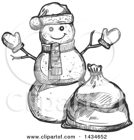 Clipart of a Sketched Dark Gray Christmas Santa Snowman - Royalty Free Vector Illustration by Vector Tradition SM