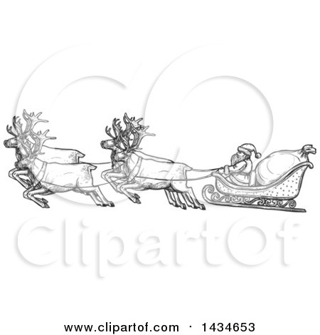 Clipart of a Sketched Dark Gray Team of Reindeer Flying Santas Sleigh - Royalty Free Vector Illustration by Vector Tradition SM