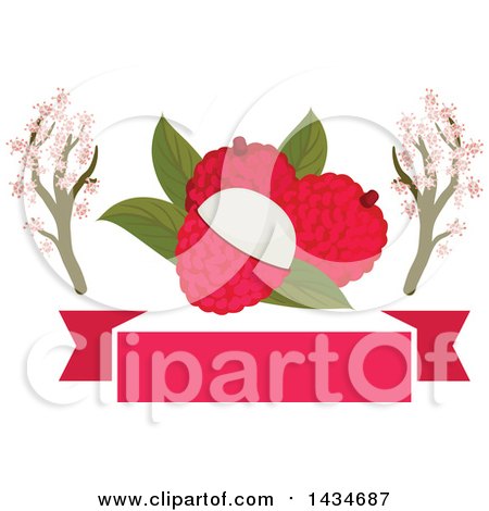 Clipart of a Blank Banner with Tropical Exotic Lychee Fruit and Blossom Branches - Royalty Free Vector Illustration by Vector Tradition SM