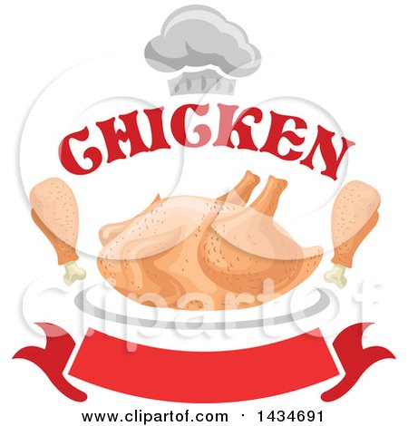 Clipart of a Chef Hat and Text over Roasted Chicken and Drumsticks over a Red Banner - Royalty Free Vector Illustration by Vector Tradition SM