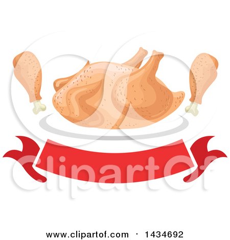 Clipart of a Roasted Chicken and Drumsticks over a Red Banner - Royalty Free Vector Illustration by Vector Tradition SM