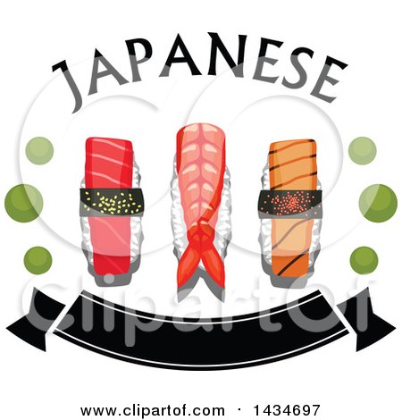 Clipart of a Sushi Nigiri with Prawn, Salmon and Tuna, with Wasabi Dots, Text and a Banner - Royalty Free Vector Illustration by Vector Tradition SM