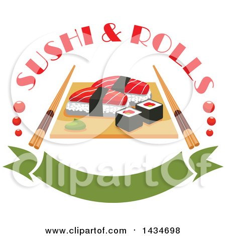 Clipart of Sushi Rolls and Salmon Nigiri Sushi and Wasabi on Wooden Platter with Chopsticks and Text over a Banner - Royalty Free Vector Illustration by Vector Tradition SM
