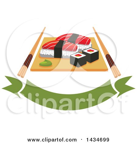 Clipart of Sushi Rolls and Salmon Nigiri Sushi and Wasabi on Wooden Platter with Chopsticks over a Banner - Royalty Free Vector Illustration by Vector Tradition SM
