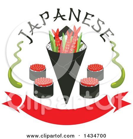 Clipart of Japanese Sushi Rolls, Shrimps and Rice in Seaweed Nori with Wasabi and Text over a Red Banner - Royalty Free Vector Illustration by Vector Tradition SM