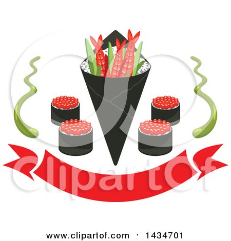 Clipart of Japanese Sushi Rolls, Shrimps and Rice in Seaweed Nori with Wasabi over a Red Banner - Royalty Free Vector Illustration by Vector Tradition SM