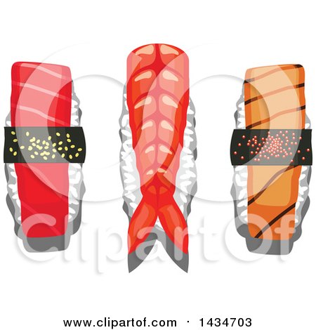 Clipart of a Sushi Nigiri with Prawn, Salmon and Tuna - Royalty Free Vector Illustration by Vector Tradition SM