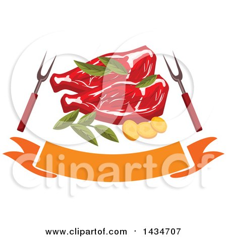 Clipart of Beef Steaks with Herbs, Bbq Forks and a Banner - Royalty Free Vector Illustration by Vector Tradition SM