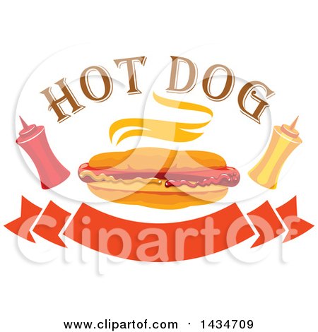 Clipart of a Steamy Hot Dog with Ketchup and Mustard Bottles with Text over Banners - Royalty Free Vector Illustration by Vector Tradition SM