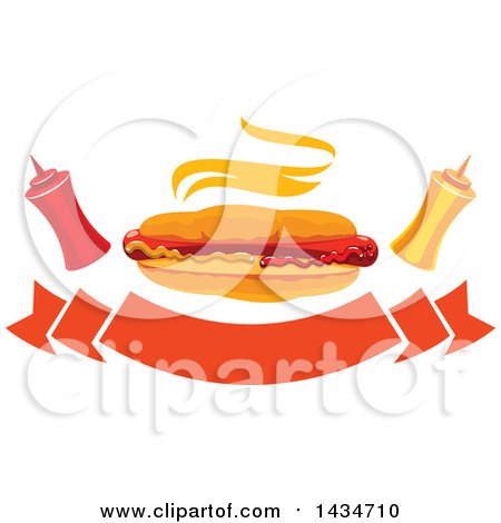 Clipart of a Steamy Hot Dog with Ketchup and Mustard Bottles over Banners - Royalty Free Vector Illustration by Vector Tradition SM