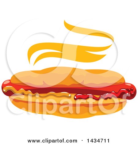 Clipart of a Steamy Hot Dog in a Bun with Mustard and Ketchup - Royalty Free Vector Illustration by Vector Tradition SM