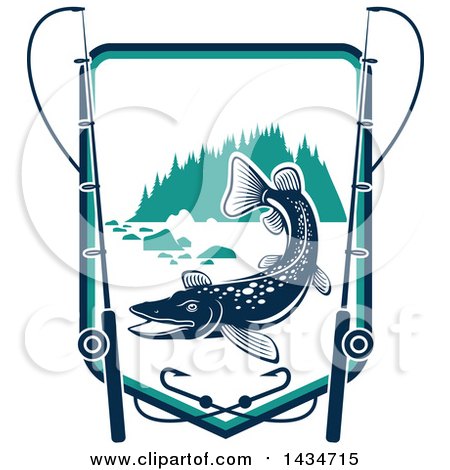 Clipart of a Pink Fish in a Shield with Rods and Hooks - Royalty Free Vector Illustration by Vector Tradition SM