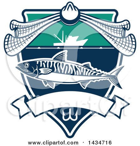 Clipart of a Fish in a Shield with a Boat and Net over a Banner - Royalty Free Vector Illustration by Vector Tradition SM