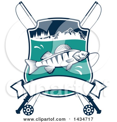 Clipart of a Fish in a Shield with Mountains, Lake and Crossed Fishing Poles over a Banner - Royalty Free Vector Illustration by Vector Tradition SM