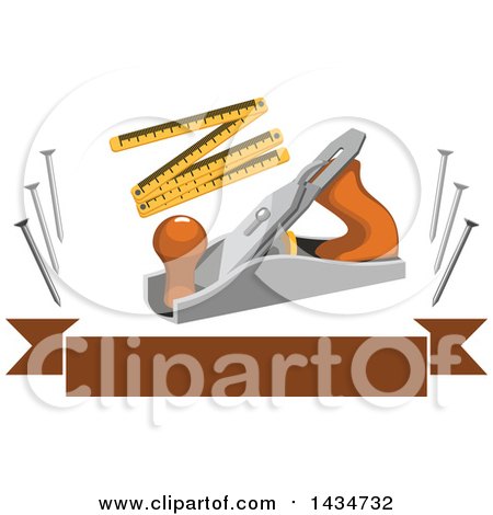 Clipart of a Carpentry Jake Plane, Ruler and Nails over a Brown Banner - Royalty Free Vector Illustration by Vector Tradition SM