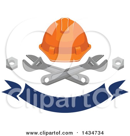 Clipart of a Hardhat with Crossed Adjustable Wrenches and Nuts over a Blue Banner - Royalty Free Vector Illustration by Vector Tradition SM