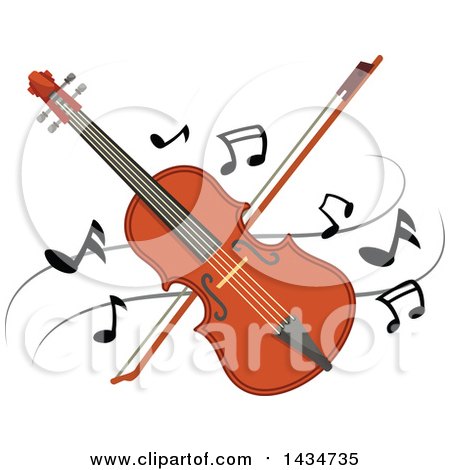 Clipart of a Crossed Violin or Viola and Bow over Music Notes - Royalty Free Vector Illustration by Vector Tradition SM