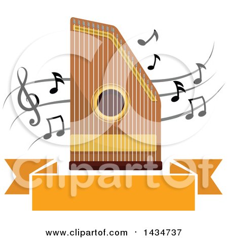 Clipart of a Zither Instrument over Music Notes and a Banner - Royalty Free Vector Illustration by Vector Tradition SM