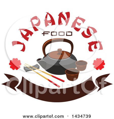 Clipart of a Japanese Tea Set and Chopsticks on a Rest with Text over a Banner - Royalty Free Vector Illustration by Vector Tradition SM