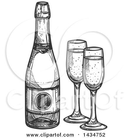 Clipart of a Sketched Dark Gray Bottle of Champagne and Glasses - Royalty Free Vector Illustration by Vector Tradition SM