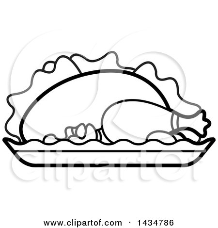 Clipart of a Black and White Roasted Chicken on a Platter - Royalty Free Vector Illustration by Lal Perera