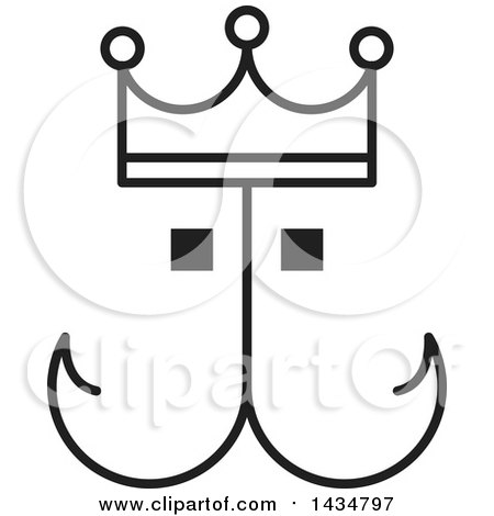 Clipart of a Black and White Fish Hook Face with a Crown - Royalty Free Vector Illustration by Lal Perera