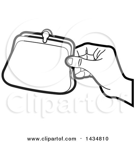 Clipart of a Black and White Lineart Hand Holding a Coin Purse - Royalty Free Vector Illustration by Lal Perera