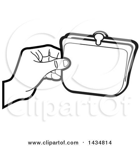 Clipart of a Black and White Lineart Hand Holding a Coin Purse - Royalty Free Vector Illustration by Lal Perera