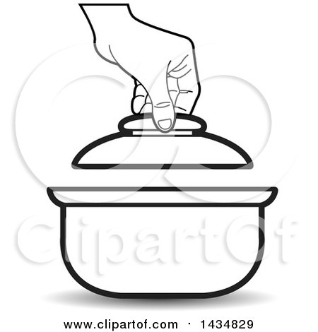 Clipart of a Black and White Hand Lifting the Lid on a Sauce Pan - Royalty Free Vector Illustration by Lal Perera