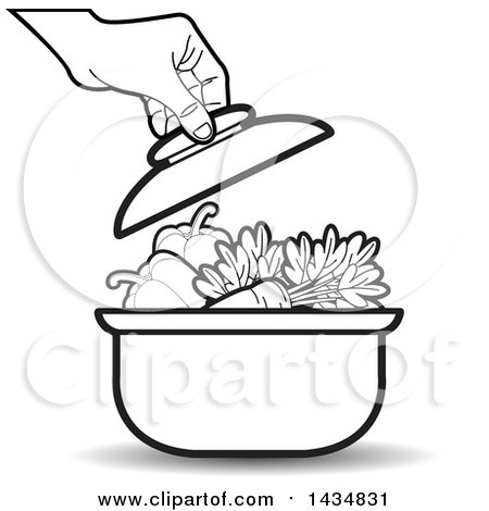 Clipart of a Black and White Hand Putting a Lid on a Sauce Pan Full of Vegetables - Royalty Free Vector Illustration by Lal Perera