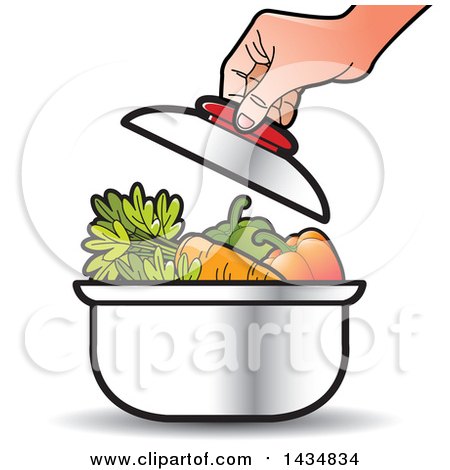 Clipart of a Hand Putting a Lid on a Sauce Pan Full of Vegetables - Royalty Free Vector Illustration by Lal Perera