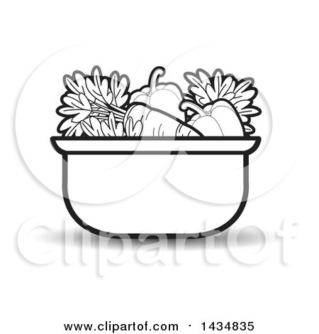 Clipart of a Black and White Sauce Pan Full of Vegetables - Royalty Free Vector Illustration by Lal Perera