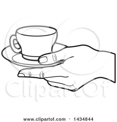 Clipart of a Black and White Hand Holding a Tea Cup and Saucer - Royalty Free Vector Illustration by Lal Perera