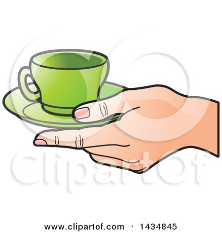 Clipart of a Hand Holding a Green Tea Cup and Saucer - Royalty Free Vector Illustration by Lal Perera