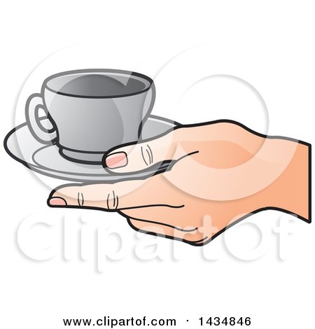 Clipart of a Hand Holding a Gray Tea Cup and Saucer - Royalty Free Vector Illustration by Lal Perera
