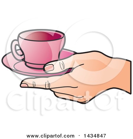 Clipart of a Hand Holding a Pink Tea Cup and Saucer - Royalty Free Vector Illustration by Lal Perera