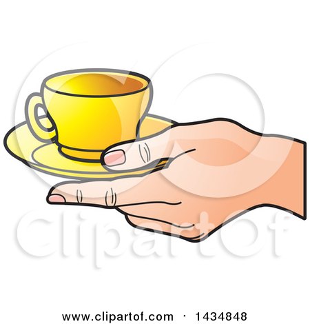 Clipart of a Hand Holding a Yellow Tea Cup and Saucer - Royalty Free Vector Illustration by Lal Perera