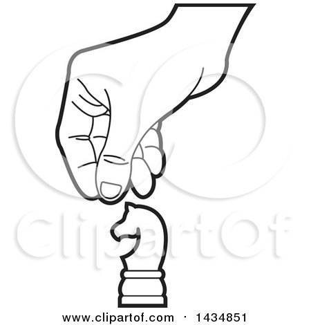Clipart of a Black and White Hand Moving a Knight Chess Piece - Royalty Free Vector Illustration by Lal Perera