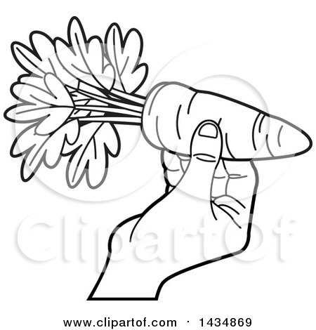 Clipart of a Black and White Hand Holding a Carrot - Royalty Free Vector Illustration by Lal Perera