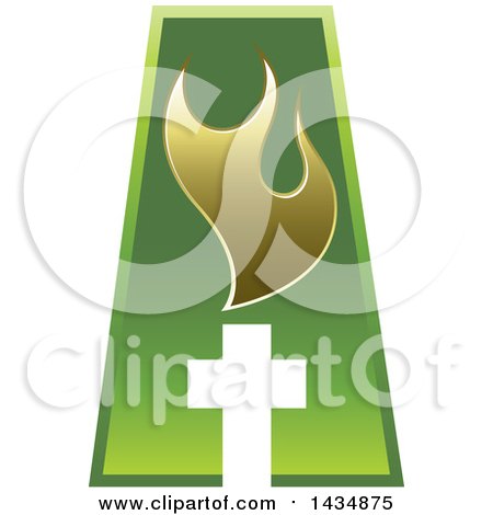 Clipart of a Green Abstract Capital Letter a with a Cross and Gold Flames - Royalty Free Vector Illustration by Lal Perera