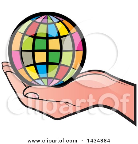 Clipart of a Hand Holding a Colorful Grid Globe - Royalty Free Vector Illustration by Lal Perera