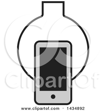 Clipart of a Grayscale Smart Phone over a Tool - Royalty Free Vector Illustration by Lal Perera