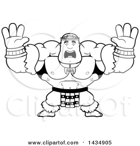 Clipart of a Cartoon Black and White Lineart Scared Buff Muscular Zulu Warrior Holding His Hands up - Royalty Free Vector Illustration by Cory Thoman