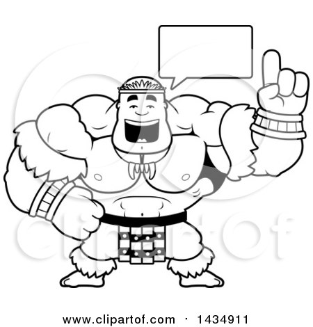 Clipart of a Cartoon Black and White Lineart Buff Muscular Zulu Warrior Holding up a Finger and Talking - Royalty Free Vector Illustration by Cory Thoman