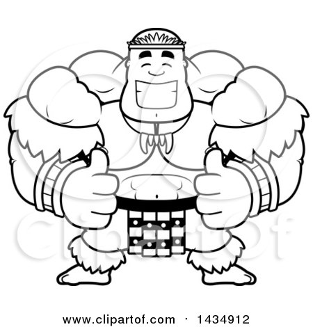 Clipart of a Cartoon Black and White Lineart Buff Muscular Zulu Warrior Giving Two Thumbs up - Royalty Free Vector Illustration by Cory Thoman