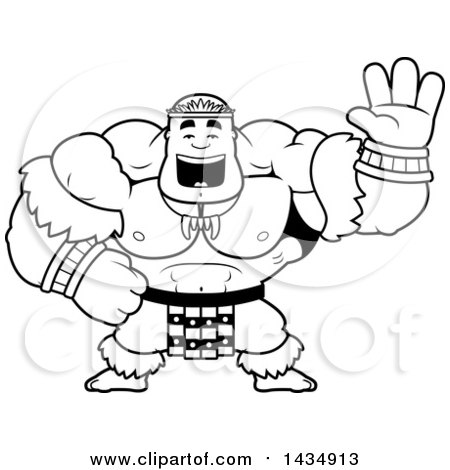 Clipart of a Cartoon Black and White Lineart Buff Muscular Zulu Warrior Waving - Royalty Free Vector Illustration by Cory Thoman